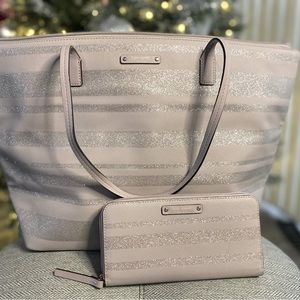 Kate Spade large tote sparkle Lavender/Grey and matching wallet. EUC